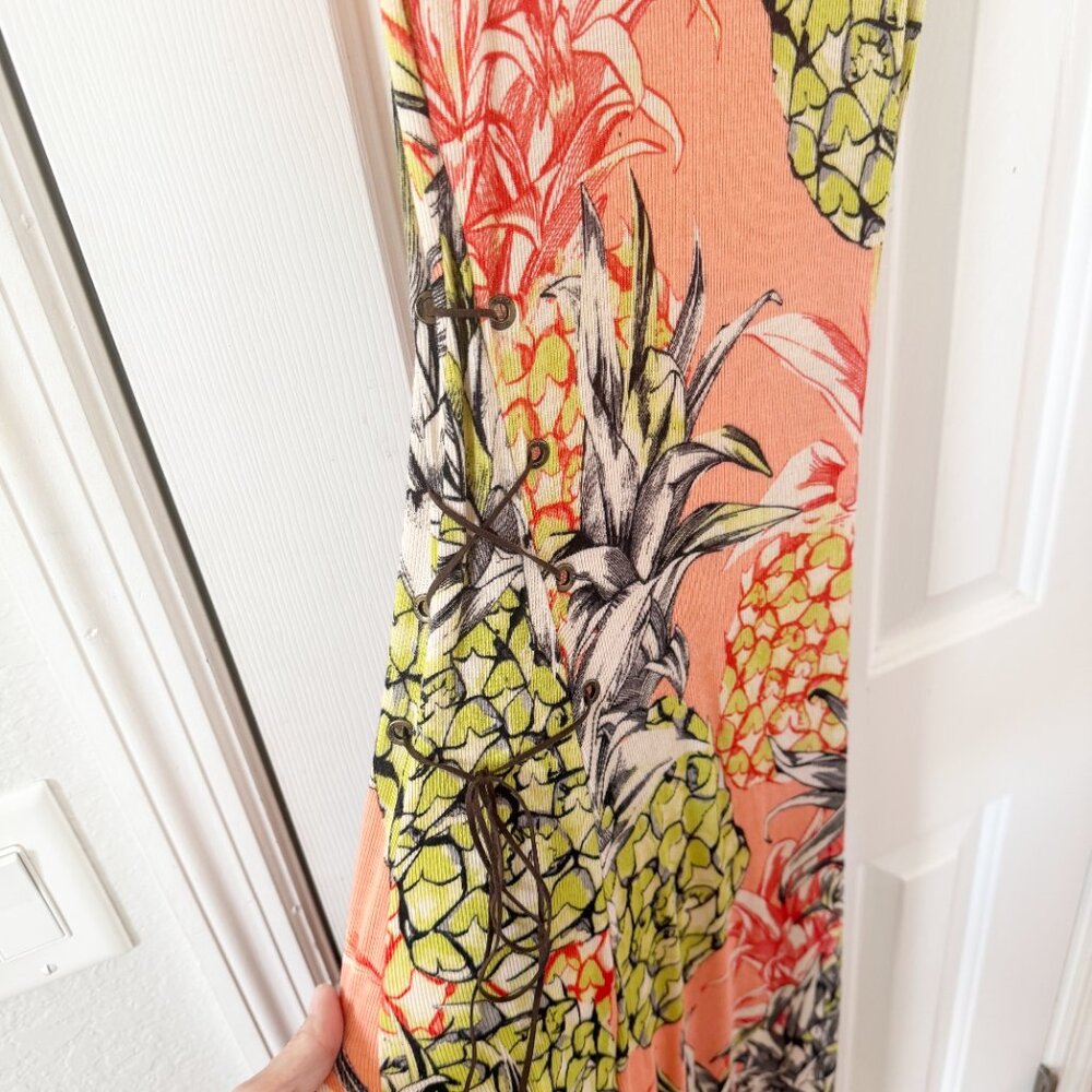 Guess | Ribbed Maxi Dress in Pineapple Print With Leather Side Laces | XS - Picture 5 of 8
